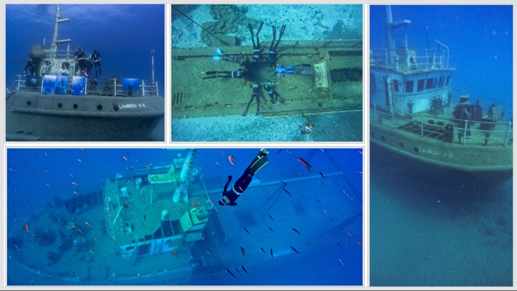 Collage of the Lambousa II wreck and freedivers exploring the Triple Crown sites